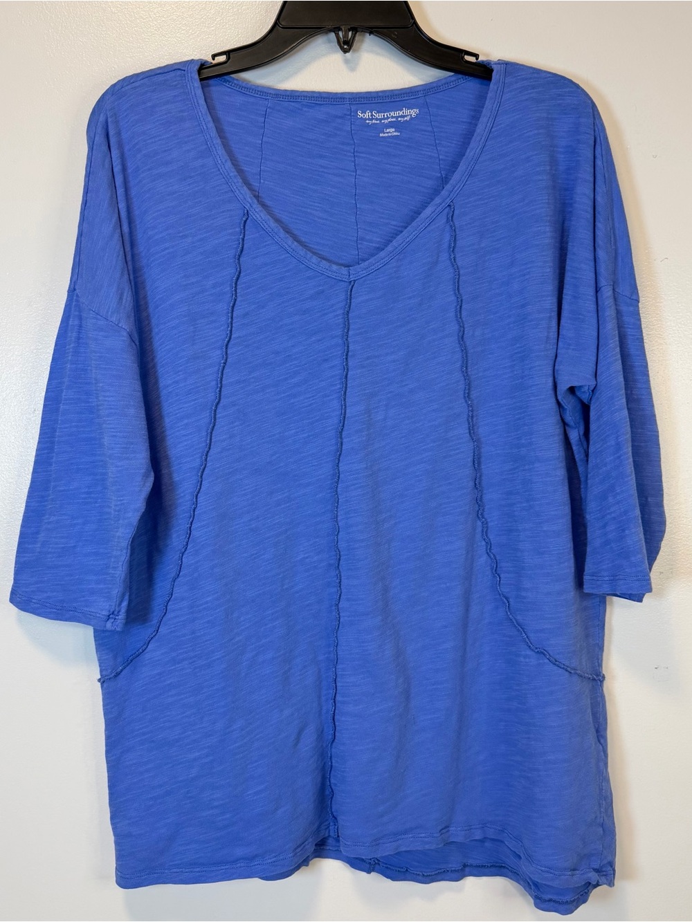 Soft Surroundings Medium Blue V‑Neck Slub Knit Tunic 3/4‎ sleeves Women’s Large